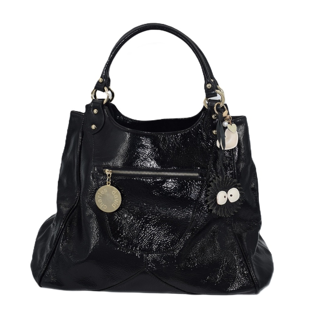 Charles David Hobo Bag Womens Large Black Patent Leather EUC Gold Hardware‎